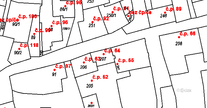 Zámostí 64, Třebíč na parcele st. 207 v KÚ Podklášteří, Katastrální mapa