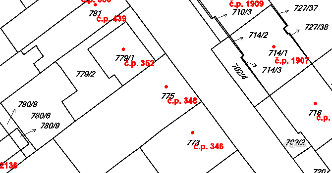 Pelhřimov 348 na parcele st. 775 v KÚ Pelhřimov, Katastrální mapa