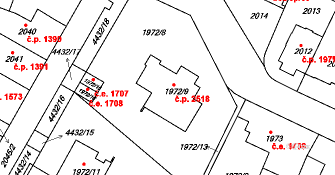 Teplice 2518 na parcele st. 1972/9 v KÚ Teplice, Katastrální mapa