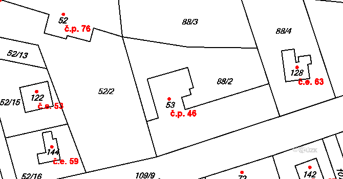 Borek 46 na parcele st. 53 v KÚ Borek nad Labem, Katastrální mapa