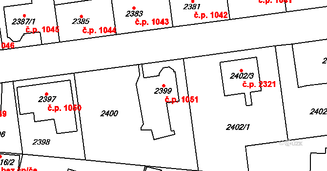 Horní Počernice 1051, Praha na parcele st. 2399 v KÚ Horní Počernice, Katastrální mapa