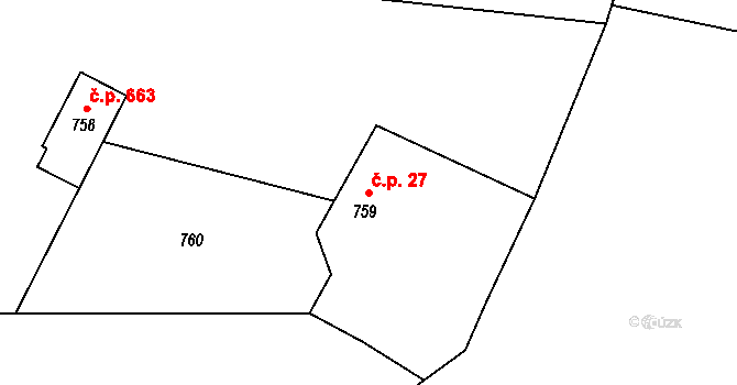 Štípa 27, Zlín na parcele st. 759 v KÚ Štípa, Katastrální mapa