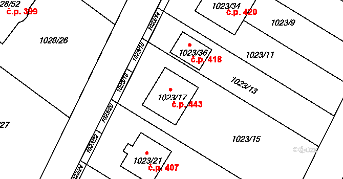 Křelov 443, Křelov-Břuchotín na parcele st. 1023/17 v KÚ Křelov, Katastrální mapa