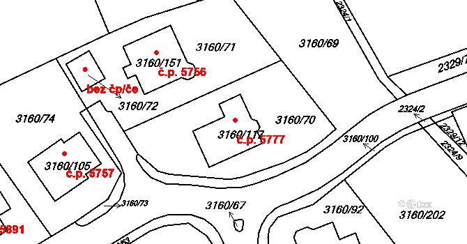 Chomutov 5777 na parcele st. 3160/117 v KÚ Chomutov II, Katastrální mapa