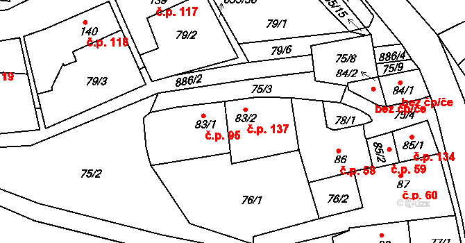 Kolinec 137 na parcele st. 83/2 v KÚ Kolinec, Katastrální mapa