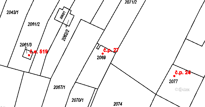 Pisárky 27, Brno na parcele st. 2069 v KÚ Pisárky, Katastrální mapa