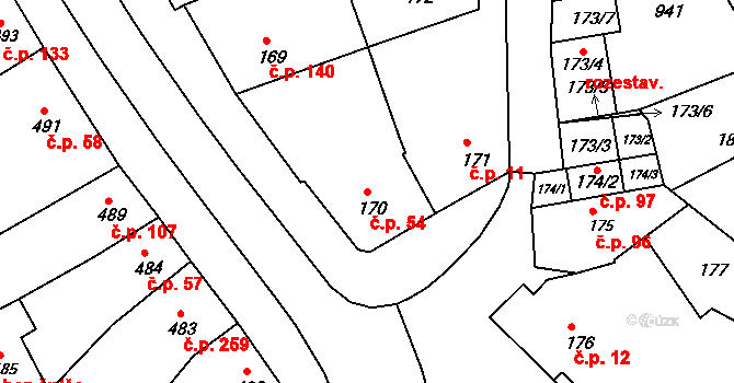 Milešovice 54 na parcele st. 170 v KÚ Milešovice, Katastrální mapa