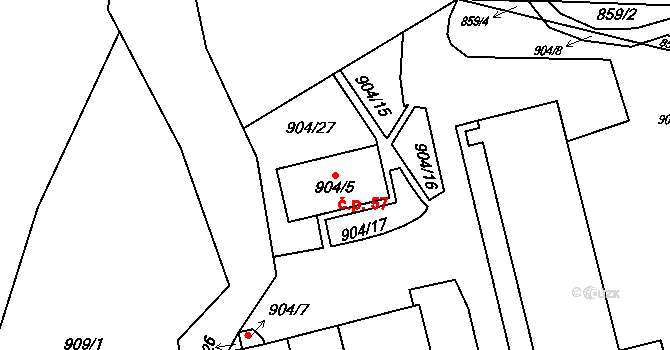 Střezov 57, Březno na parcele st. 904/5 v KÚ Březno u Chomutova, Katastrální mapa