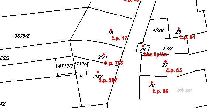Kudlovice 173 na parcele st. 20/1 v KÚ Kudlovice, Katastrální mapa