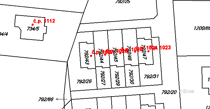 Vejprnice 1026 na parcele st. 792/44 v KÚ Vejprnice, Katastrální mapa