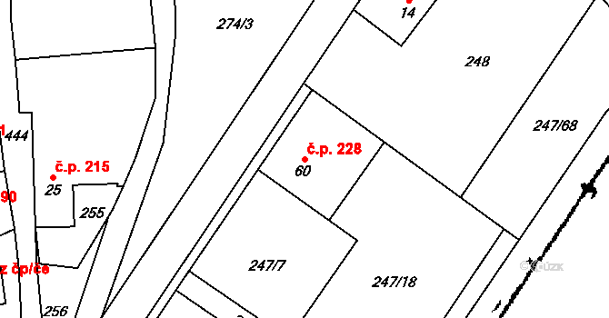 Tuchoměřice 228 na parcele st. 60 v KÚ Kněžívka, Katastrální mapa