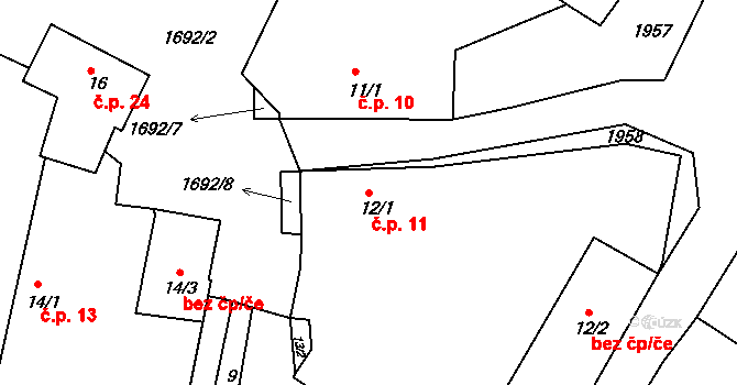 Mezholezy 11 na parcele st. 12/1 v KÚ Mezholezy u Horšovského Týna, Katastrální mapa