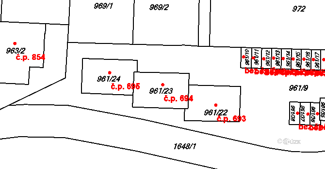 Hronov 694 na parcele st. 961/23 v KÚ Hronov, Katastrální mapa