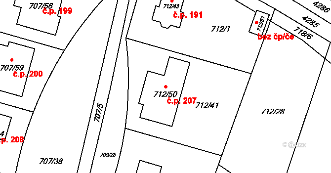 Těšetice 207 na parcele st. 712/50 v KÚ Těšetice u Znojma, Katastrální mapa
