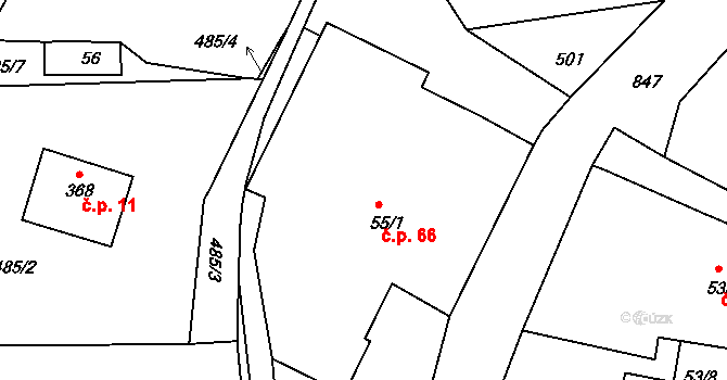 Oskava 66 na parcele st. 55/1 v KÚ Oskava, Katastrální mapa