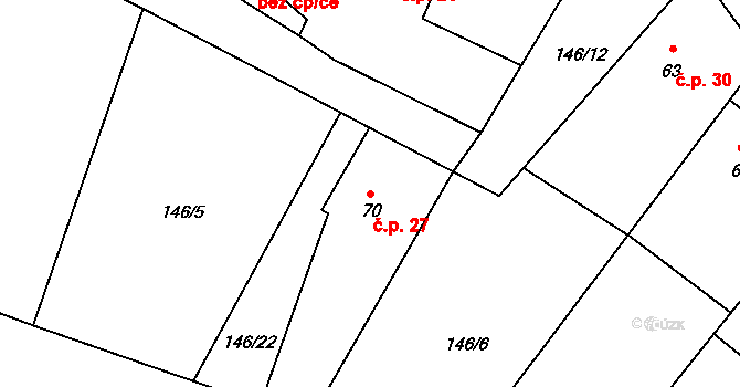 Myť 27, Ždírec na parcele st. 70 v KÚ Ždírec u Blovic, Katastrální mapa