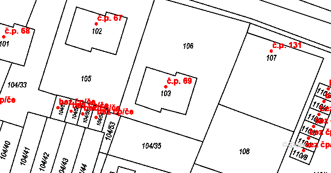 Práče 69 na parcele st. 103 v KÚ Práče, Katastrální mapa