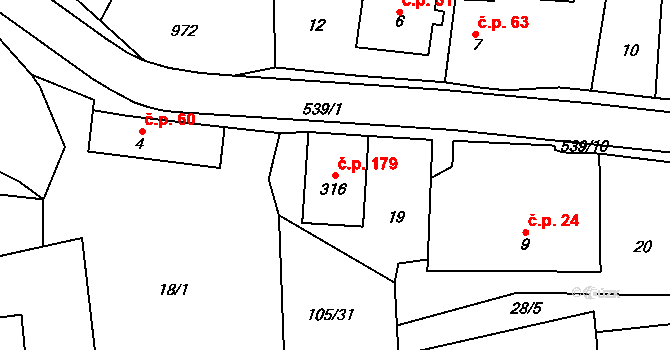 Tmaň 179 na parcele st. 316 v KÚ Tmaň, Katastrální mapa