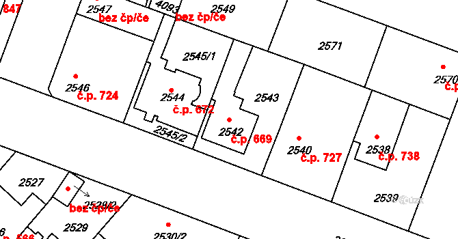 Čelákovice 669 na parcele st. 2542 v KÚ Čelákovice, Katastrální mapa