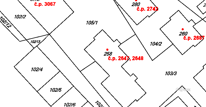 Šumperk 2647,2648 na parcele st. 258 v KÚ Horní Temenice, Katastrální mapa