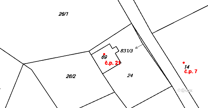 Hrabří 21, Vysoký Chlumec na parcele st. 69 v KÚ Hrabří, Katastrální mapa