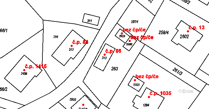 Rožnov pod Radhoštěm 86 na parcele st. 313 v KÚ Rožnov pod Radhoštěm, Katastrální mapa