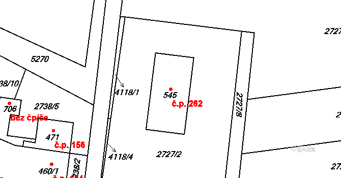 Třebařov 262 na parcele st. 545 v KÚ Třebařov, Katastrální mapa