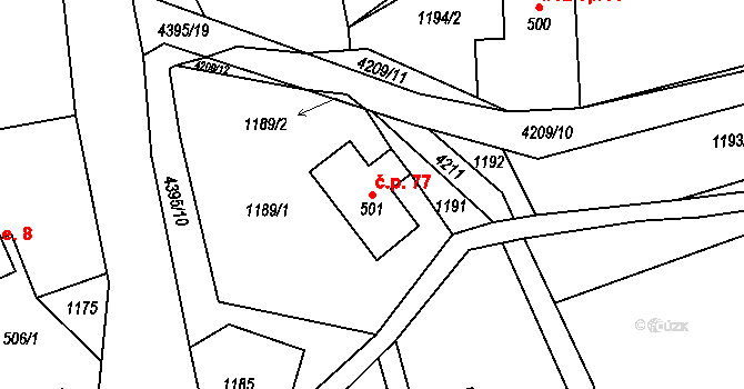 Heřmanovice 77 na parcele st. 501 v KÚ Heřmanovice, Katastrální mapa