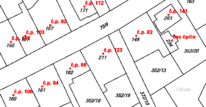 Popovice 123, Králův Dvůr na parcele st. 211 v KÚ Popovice u Králova Dvora, Katastrální mapa