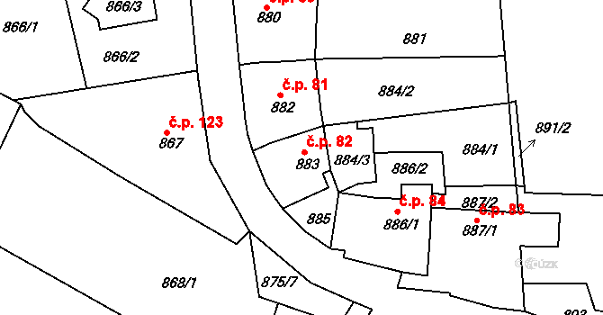 Úštěk-České Předměstí 82, Úštěk na parcele st. 883 v KÚ Úštěk, Katastrální mapa