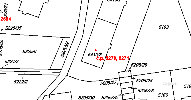 Východní Předměstí 2270,2271, Plzeň na parcele st. 5410/2 v KÚ Plzeň, Katastrální mapa