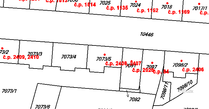 Jižní Předměstí 2407,2408, Plzeň na parcele st. 7073/4 v KÚ Plzeň, Katastrální mapa