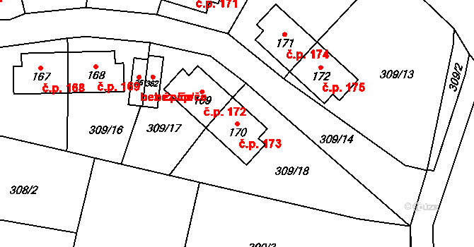 Kerhartice 173, Ústí nad Orlicí na parcele st. 170 v KÚ Kerhartice nad Orlicí, Katastrální mapa