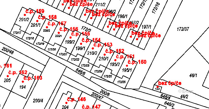 Katusice 152 na parcele st. 210/1 v KÚ Katusice, Katastrální mapa