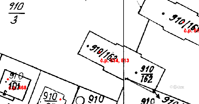 Město Touškov 513,514 na parcele st. 910/162 v KÚ Město Touškov, Katastrální mapa