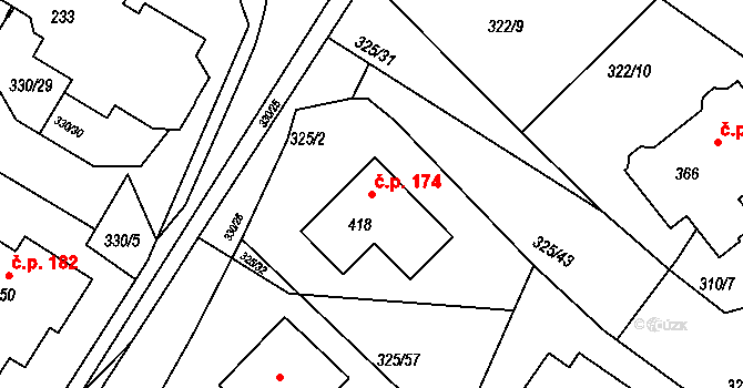Bradlec 174 na parcele st. 418 v KÚ Bradlec, Katastrální mapa
