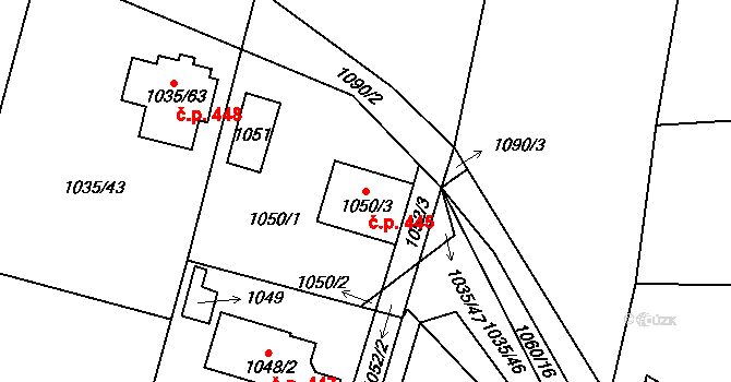 Senec 445, Zruč-Senec na parcele st. 1050/3 v KÚ Senec u Plzně, Katastrální mapa