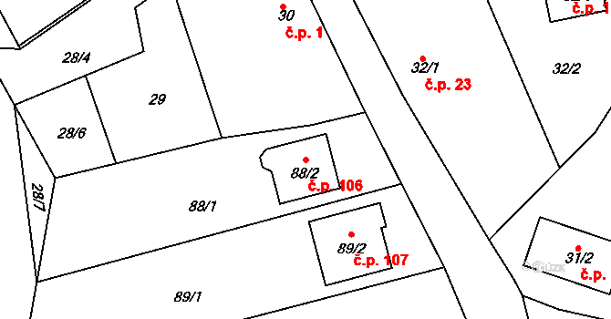 Klečůvka 106, Zlín na parcele st. 88/2 v KÚ Klečůvka, Katastrální mapa