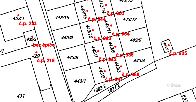 Řeporyje 942, Praha na parcele st. 443/7 v KÚ Řeporyje, Katastrální mapa