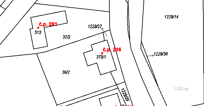 Ejpovice 216 na parcele st. 375/1 v KÚ Ejpovice, Katastrální mapa