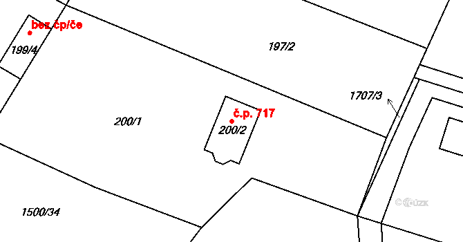 Hradištko 717 na parcele st. 200/2 v KÚ Hradištko u Sadské, Katastrální mapa