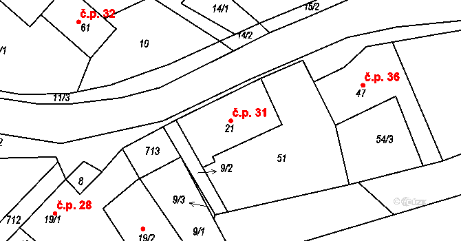Rovné 31, Bystřice nad Pernštejnem na parcele st. 21 v KÚ Rovné, Katastrální mapa