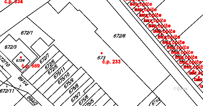 Měřín 233 na parcele st. 673 v KÚ Měřín, Katastrální mapa
