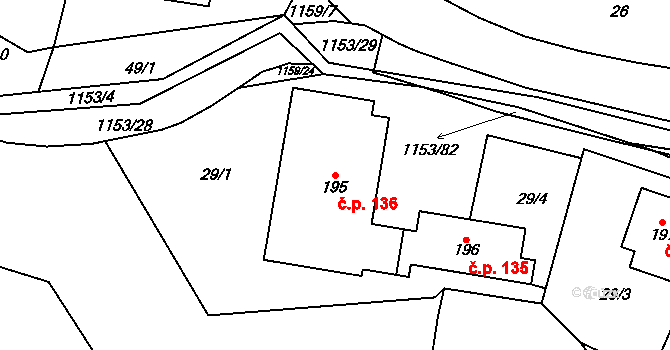Vlčková 136 na parcele st. 195 v KÚ Vlčková, Katastrální mapa