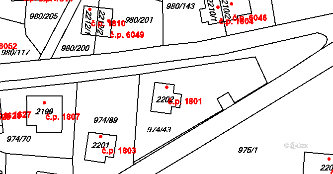 Zlín 1801 na parcele st. 2202 v KÚ Zlín, Katastrální mapa
