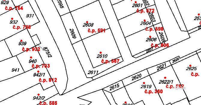Nivnice 567 na parcele st. 2610 v KÚ Nivnice, Katastrální mapa