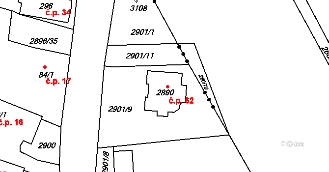 Tlucná 62, Horní Bělá na parcele st. 2890 v KÚ Horní Bělá, Katastrální mapa