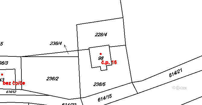 Opalice 16, Kamenný Újezd na parcele st. 98 v KÚ Opalice, Katastrální mapa