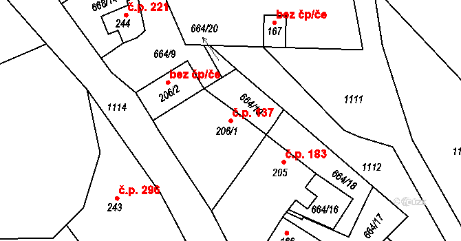Mirotice 137 na parcele st. 206/1 v KÚ Mirotice, Katastrální mapa
