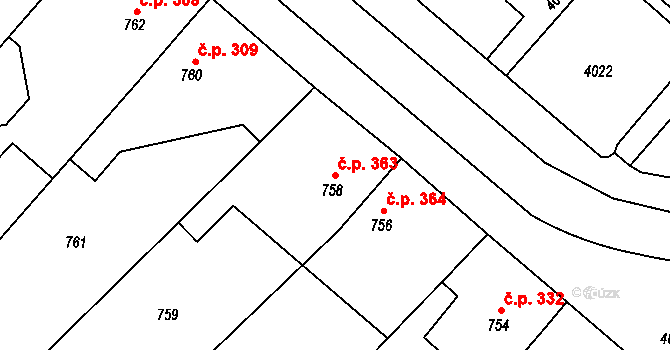 Choceňské Předměstí 363, Vysoké Mýto na parcele st. 758 v KÚ Vysoké Mýto, Katastrální mapa